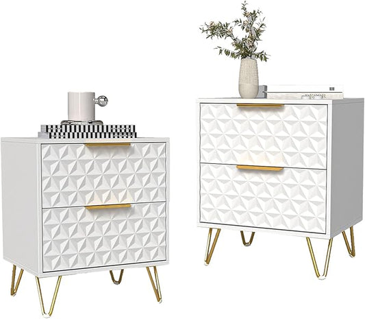 Modern Night Stand Set of 2, White Bedside Tables with 2 Drawers Storage for Bedroom, Wood End Side Table with Gold Legs for Living Room
