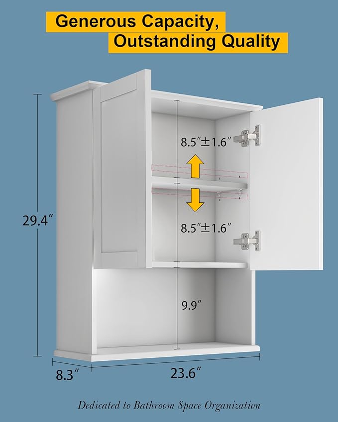 Bathroom Cabinet Wall Mount with Buffering Hinge, 23"x29" inch Over Toilet Storage Cabinet with Adjustable Shelves, Large Space Wooden Medicine Cabinet, White