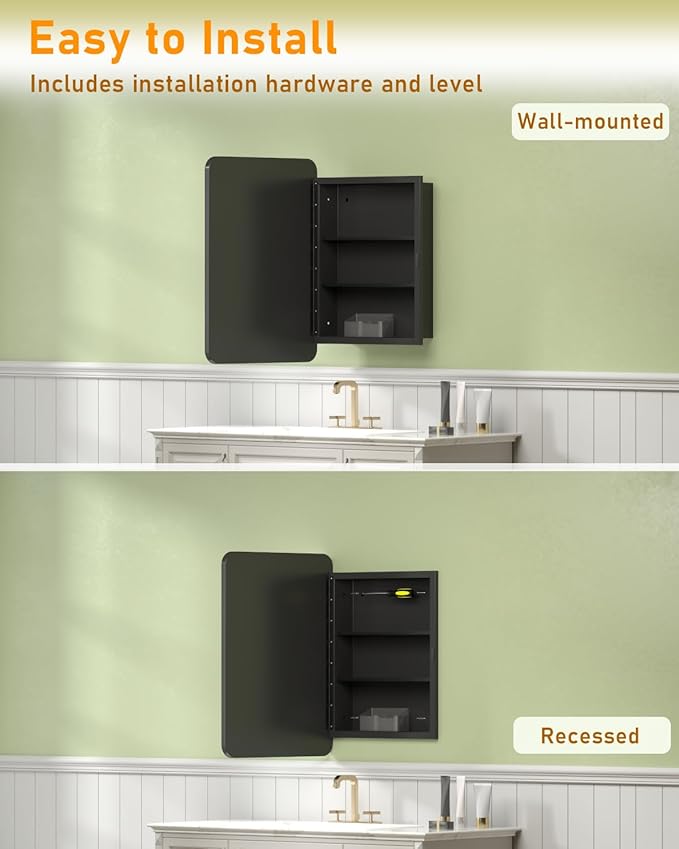 16"x24" Black Recessed Medicine Cabinet, Bathroom Surface Mount Medicine Cabinet Bathroom Mirror with Storage, Waterproof Full Body Metal, Stable and Removable 2 Metal Shelves, Easy Installation