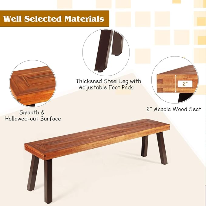 Giantex 60" Acacia Wood Bnech, 3-Person Backless Outdoor Patio Dining Bench with Metal Legs & Adjustable Foot Pads for Entryway, Balcony, Porch, Backyard, Garden and Poolside (2 Pack)
