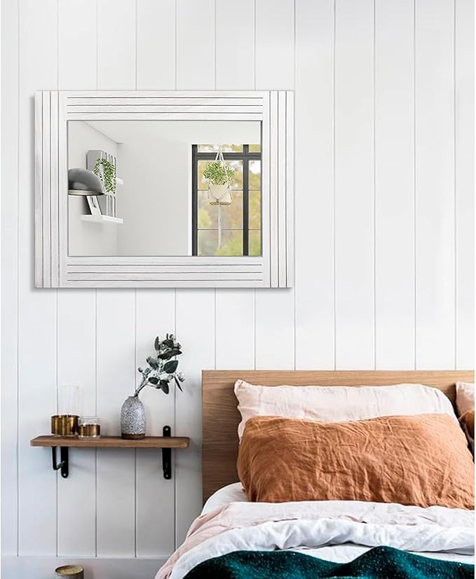 Rustic Wall Mirror, Rectangular Vintage Wood Framed Large Mirror for Living Room, Bathroom, Bedroom & Entrance - White, 26" x 18"