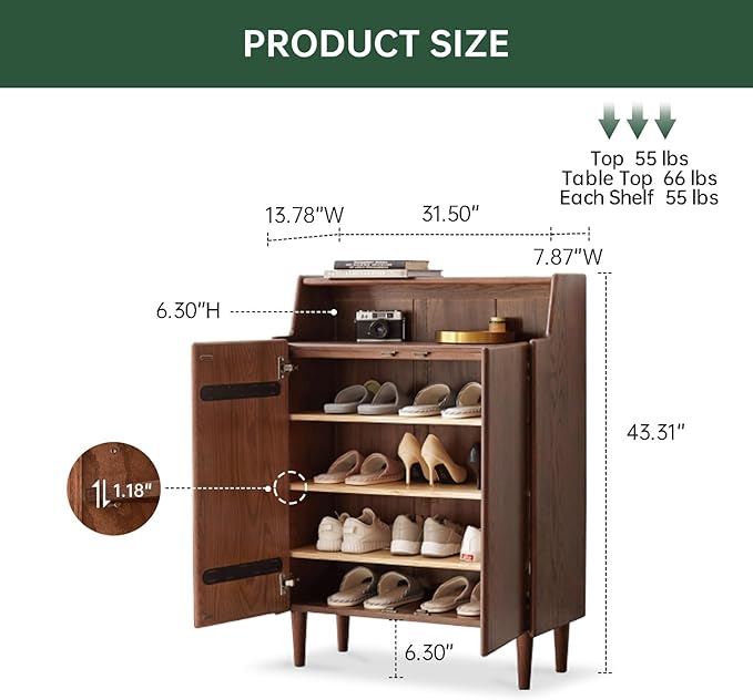 Solid Wood Shoe Cabinet with Doors, Shoe Storage Cabinet with 4-Tier Adjustable Shelves, Mid Century Modern Shoe Rack Cabinet for Entryway, Hallway, Oak Wood, 13.8" x 31.5" x 43.3", Walnut