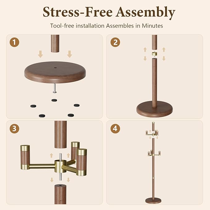 Solid Wood Freestanding Coat Rack with 6 Gold Metal Hooks, Heavy-Duty Freestanding Coat Stand for Coats, Hats, and Bags, Coat Racks for Bedroom, Entryway, and Living Room (Walnut)