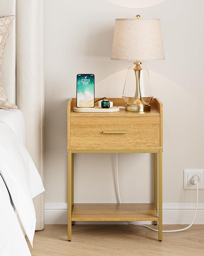 Nightstand with Charging Station, Modern Bedside Table with Drawer and Legs,Oak and Gold Night Stand with Open Shelf, Narrow Side Table for Bedroom, Living Room