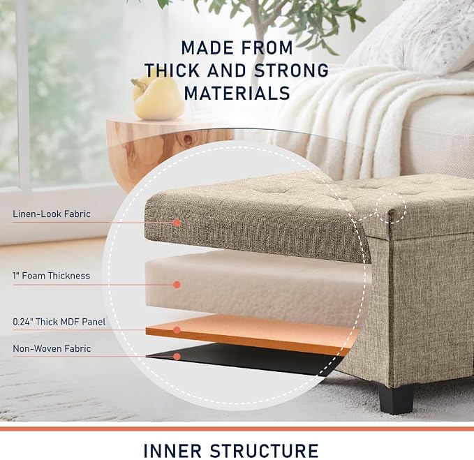 Ornavo Home 15 Inch Folding Storage Ottoman with Storage, Square Cube Linen Small Storage Ottoman Foot Rest Stool with Legs - Tan/Taupe