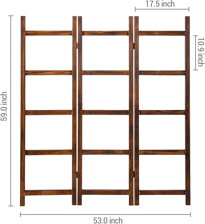 Blanket Ladder,Burnt Wood Blanket Ladder 59" H Freestanding and Folding, 6 Tier and 3 Panel Towel Rack for Bathroom, Decorative Display Ladder Shelf Quit Rack for Living Room, Brown.