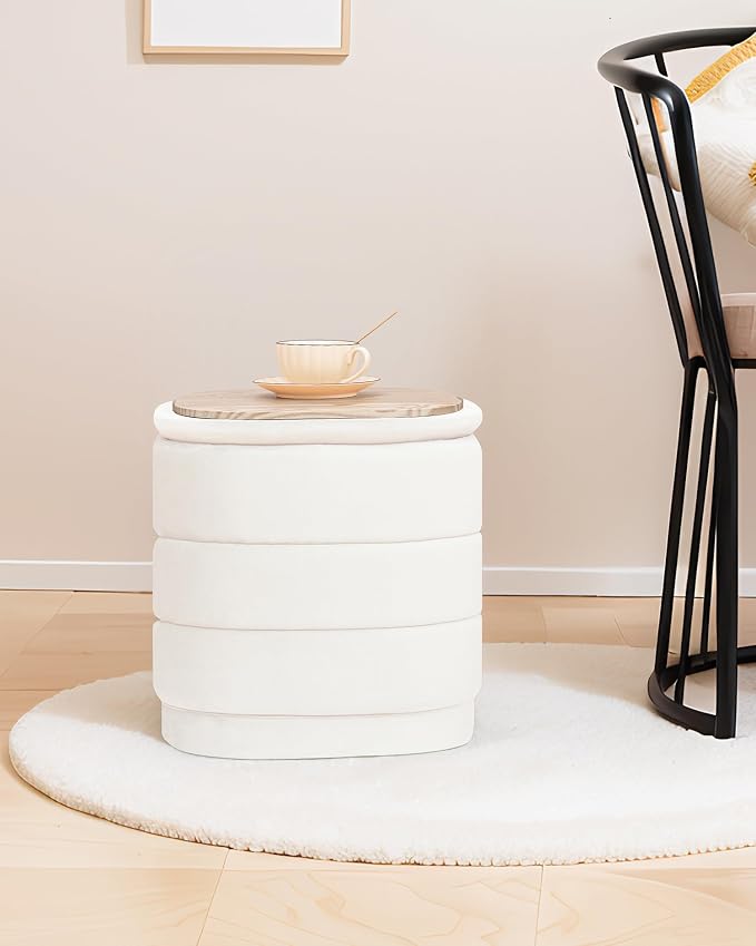 B FSOBEIIALEO Velvet Storage Ottoman with Tray, Square Folding Ottoman with Storage Coffee Table Foot Rest for Dorm Room, Living Room White, 15"x15"x15"