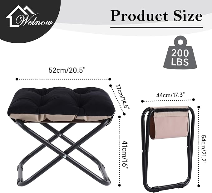 Welnow Folding Foot Stool, Upholstered Small Accent Ottoman with Detachable Thick Cotton Cushion, Padded Sofa Stool with Straight Metal Legs for Lazy Chair, Living Room, Bedroom, Black