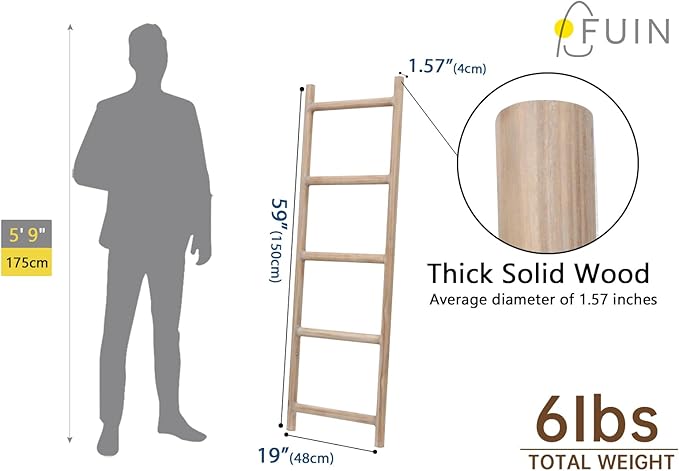 FUIN Fully Assembled 5ft Wood Blanket Ladder Living Room Decorative Wall Leaning Farmhouse Quilt Display Holder Rustic Wooden Towel Rack for Bathroom, Natural & Graywashed