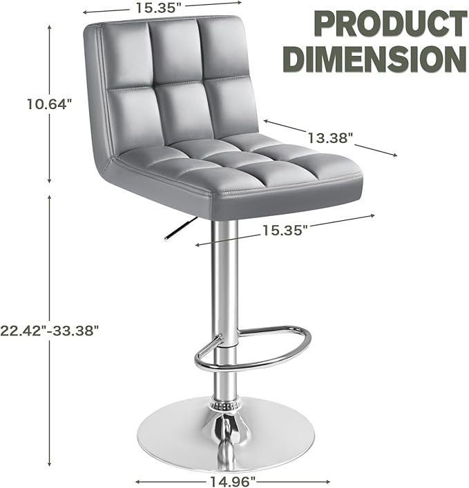 Furmax Bar Stools Modern Pu Leather Swivel Adjustable Hydraulic Bar Stool Square Counter Height Stool Set of 2 (Light Gray)