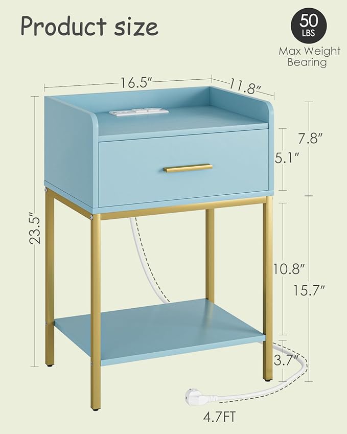 Nightstand with Charging Station,3-Tier Modern Bedside Table Night Stand with Storage Drawer and Open Shelf,Small End Side Table for Bedroom,Living Room,Blue