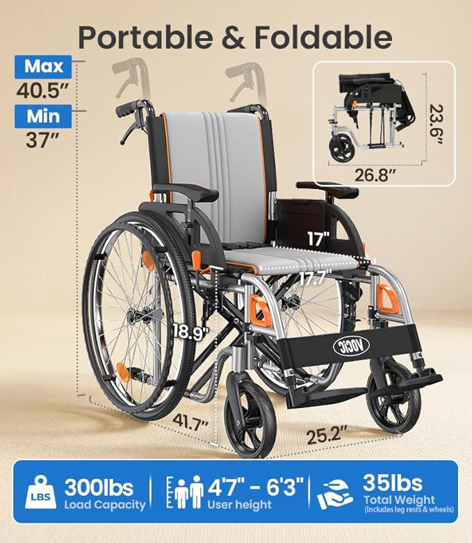 VOCIC Ultra Lightweight Wheelchair for Adults, 23lb Frame Portable Foldable Self-Propelled Wheelchairs for Seniors with Quick Release Wheels, Swing-Away Footrests,Flip-Back Arm, 300 lbs Gray