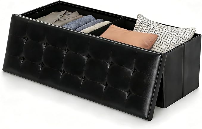 Folding Storage Ottoman Bench, 45" Large Ottoman Space-Saving Bench,Faux Leather Storage Chest with Memory Foam,Footrest Padded Stool Seat for Bedroom Toy Chest, Black,Leather