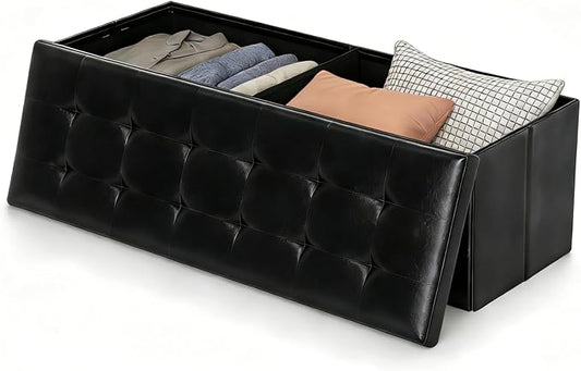 Folding Storage Ottoman Bench, 45" Large Ottoman Space-Saving Bench,Faux Leather Storage Chest with Memory Foam,Footrest Padded Stool Seat for Bedroom Toy Chest, Black,Leather