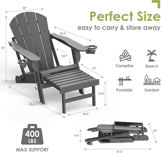 GREENVINES Adirondack-Chairs-with-Ottoman | Set of 4 | Folding | Retractable-Footrest | HDPE Plastic | All Weather Fire Pit Chair | Cup Holders | Grey | for Outdoor Poolside