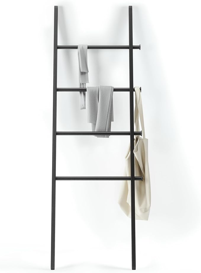 Umbra Leana Decorative Ladder, Expandable Blanket Rack, Bathroom Towel Holder, and Clothes Organizer, Regular, Black