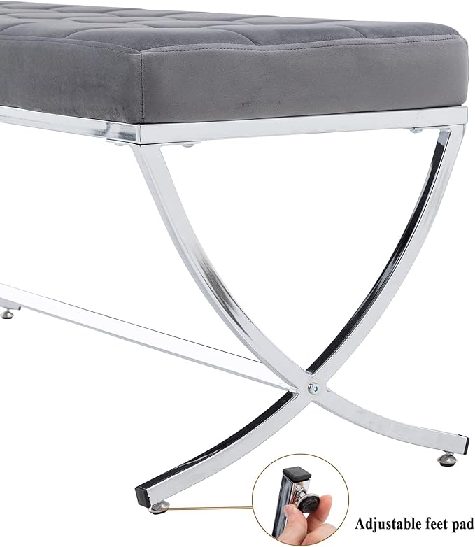 DUOMAY Modern Tufted Ottoman Bench, Velvet Upholstered Dining Bench, Button Tufted Footrest Stool Vanity Seat with with X Metal Legs, 45.75" W x 16.5" D x 19.25" H, Grey