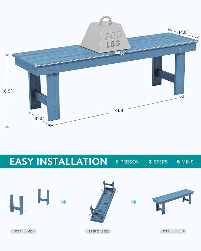 SERWALL 2-Person Outdoor Bench Backless, HDPE Outdoor Benches Weatherproof, 660 Lbs Weight Capacity, Poly Lumber Patio Furniture for Garden, Porch and Park, Navy, 2 Pack