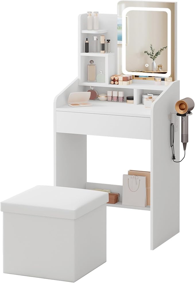 LIVELYGLOW Small Vanity Set with Lighted Mirror & Power Station, 24" Modern White Makeup Desk with Storage Stool, HairDryer Rack, Smart LED 3-Color Lighting, Compact Dressing Vanity for Bedroom