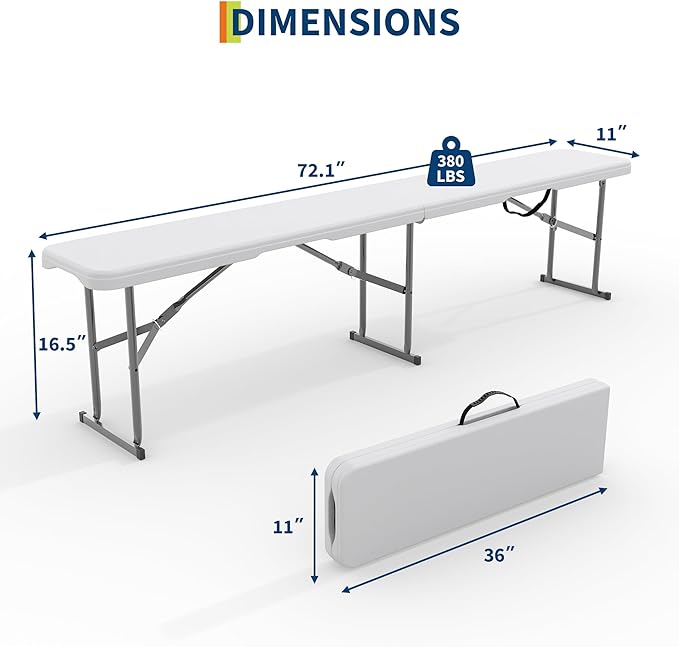Garvee 6FT Folding Bench 2 Pack, Plastic Portable Folding Bench Seat with Carry Handle & Lock for in/Outdoor Activities, Picnic, Soccer, Caming Dining Seat, White