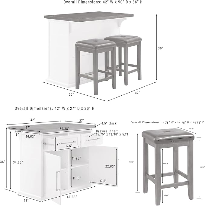 Crosley Furniture Bartlett Kitchen Island with Wood Top and Upholstered Square Stools, White/Black
