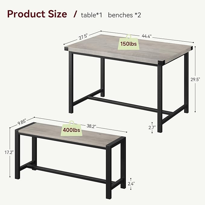 IDEALHOUSE Dining Table Set for 4, Kitchen Table with Benches, Rectangular Dining Room Table Set with 2 Metal Wood Benches, 3 Piece Dining Table Set for Small Space, Apartment, Dinette, Retro Gray