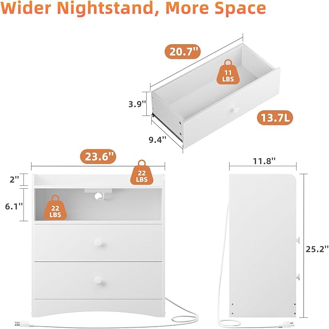 Memobarco 2 Pack Nightstand with Charging Station and LED Light, Modern Nightstand with USB Ports and Outlets, Wood Bedside Table with 2 Storage Drawers, Small Dresser for Bedroom Small Space, White