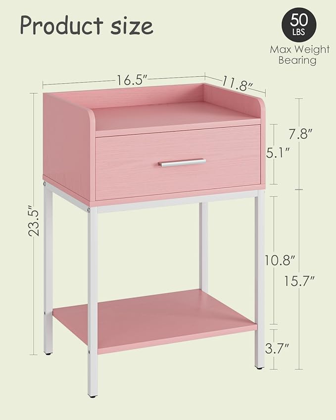 Nightstand,Modern Bedside Table Night Stand with Storage Drawer and Open Shelf,Small End Side Table for Bedroom,Living Room,Pink
