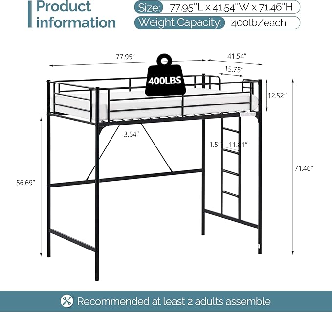 VINGLI 71 Inches Tall Loft Bed Twin Size with Flat Ladder Rung for Kids Teens Adults Heavy Duty Metal Single Bunk Bed Loft with Safety Guard Rails for Small Space, Black