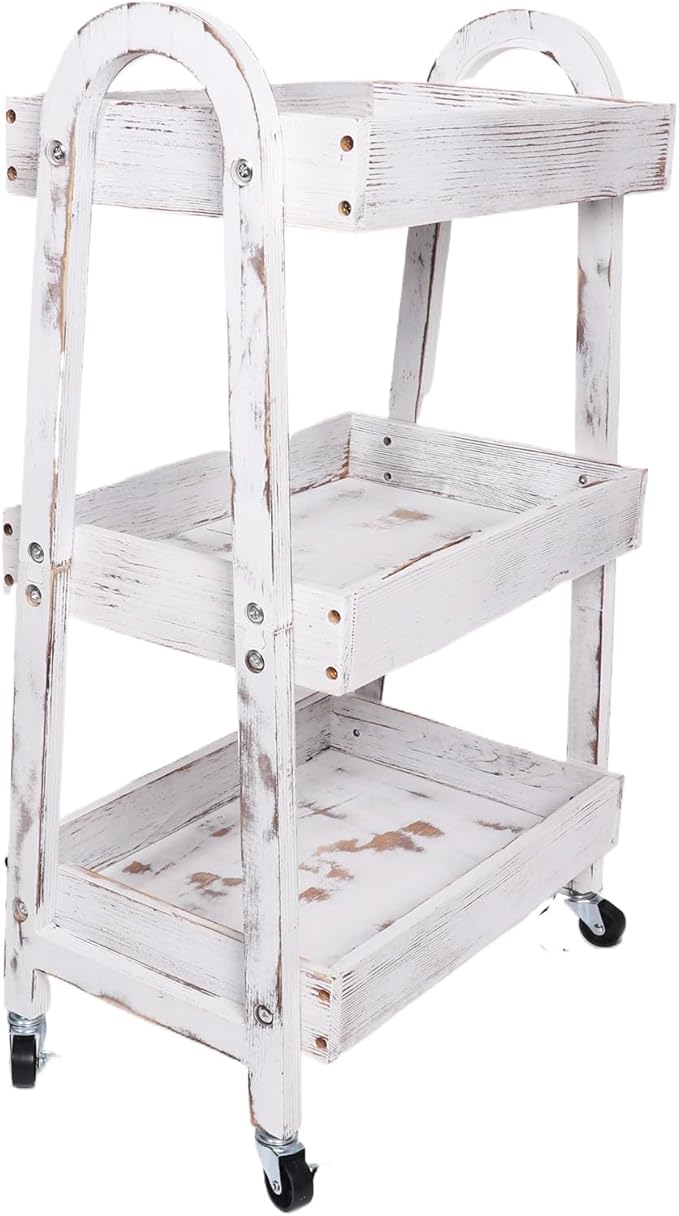 3-Tier Wooden Rolling Cart- Wooden Utility Cart wit Wheels- Utility Rolling Cart-Storage Trolley Organizer- Rolling Kitchen Serving Cart for Office,Kitchen, Kids' Room (Retro White)
