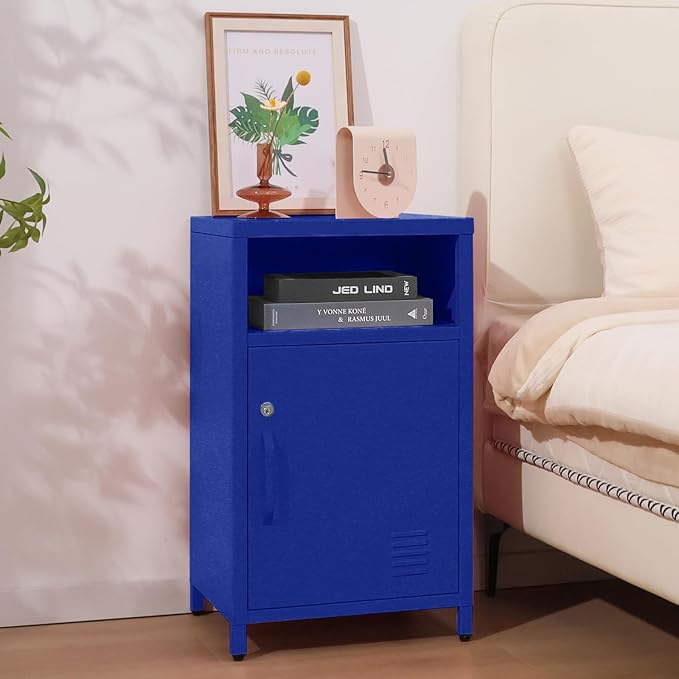 ALBAD Compact Metal Nightstand with Lockable Cabinet and Open Shelf, Modern Bedside Table, Versatile Side Table for Bedroom, Living Room, or Office (Blue, 26" H-Lockable Door)