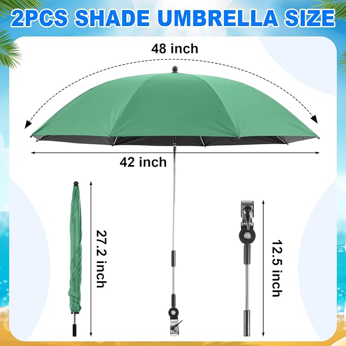 Yuntau 2 Set Reclining Beach Chairs with UPF 50+ Umbrellas Shade, Upgraded Heavy Duty Portable Folding Lounge Camping Chair with Canopy Removable Footrest & Headrest for Outdoor Patio(Green)