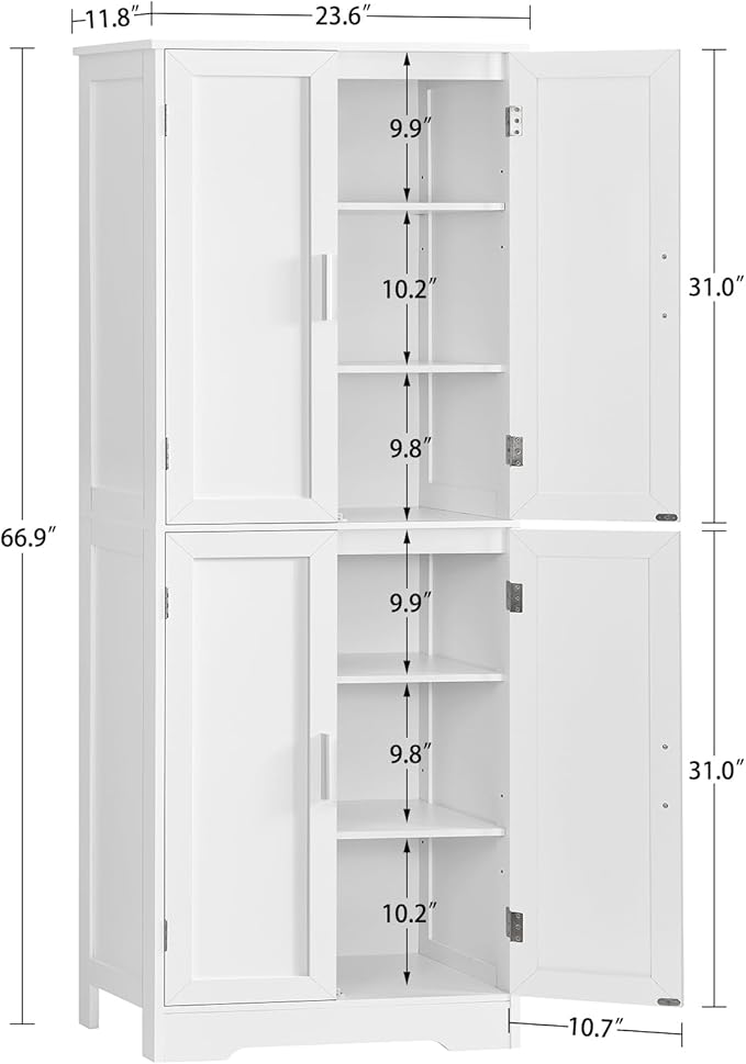 TEENFON 67” Storage Cabinet, Kitchen Pantry Cabinet with 4 Doors and 2 Adjustable Shelves, Cupboard, Tall Bathroom Cabinets for Dining Room, Living Room, White