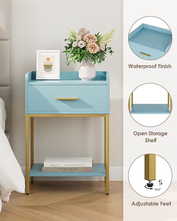 Nightstand,Modern Bedside Table Night Stand with Storage Drawer and Open Shelf,Small End Side Table for Bedroom,Living Room,Blue