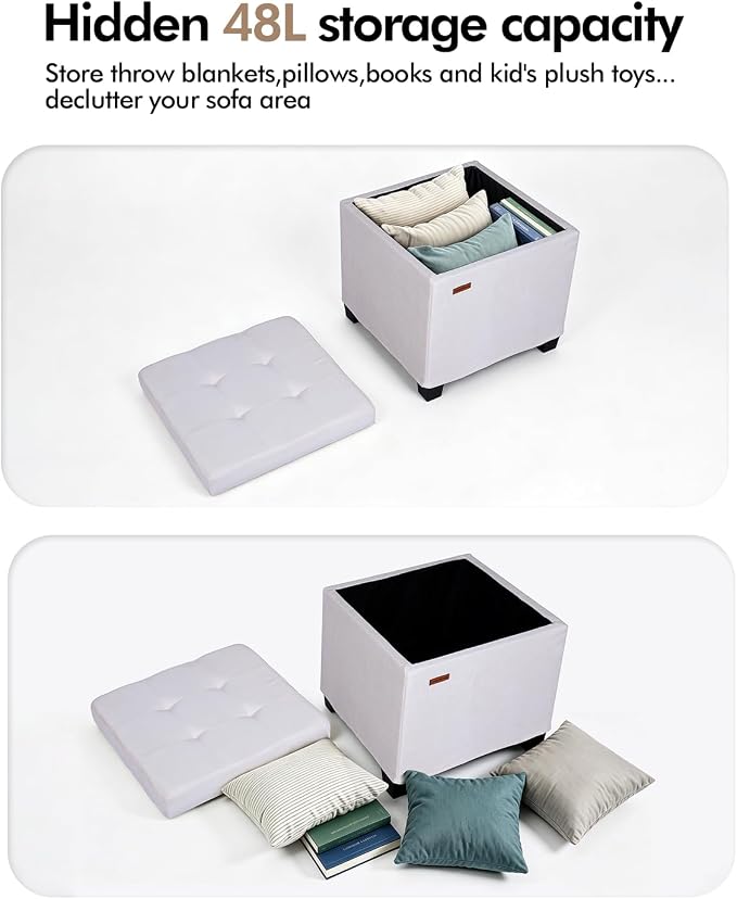 ABHENG Chenille Cover Steel Frame Ottoman with 48L Storage,17.7" x 17.7" x 17.7" Square Linen Storage Ottoman Stool Cube with Legs,for Dorm Livingroom White UASND641W