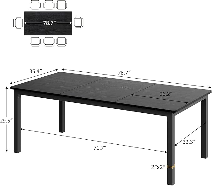 GarveeHome 78.7 in Industrial Dining Table for 6, Wooden Long Dinner Table with Mortise Tenon Design, Kitchen Table with Sturdy Metal Legs, for Dining Room Home Office Living Room, Black