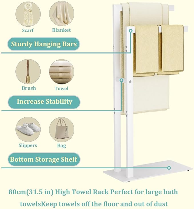 Yawinhe Free Standing Towel Rack, 2 Tier Blanket Holder with Marble Base, Metal Hand Towel Holder for Bathrooms, Drying and Display Rack with Shelf,15.7×7.87×31.49 inch,White, SMJ003W
