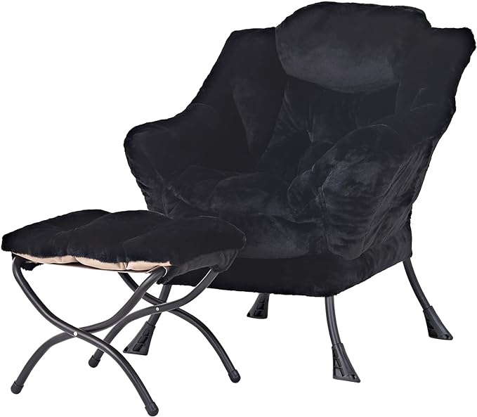 Tiita Lazy Chair with Ottoman, Black Modern Large Accent Chair, Comfy Leisure Sofa Armchair with Ottoman, Reading Chair with Footrest for Bedroom, Living Room, Dorm Rooms, Plush Black