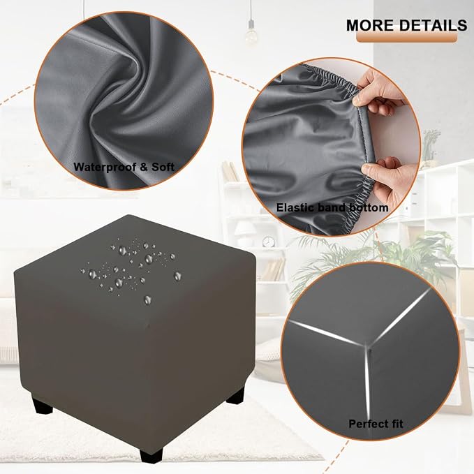 Waterproof Ottoman Cover Square Stretch PU Soft Folding Storage Ottoman Cover with Elastic Bottom Cube Footrest Foot Stool Slipcovers Machine Washable(Medium/Dark Gray)