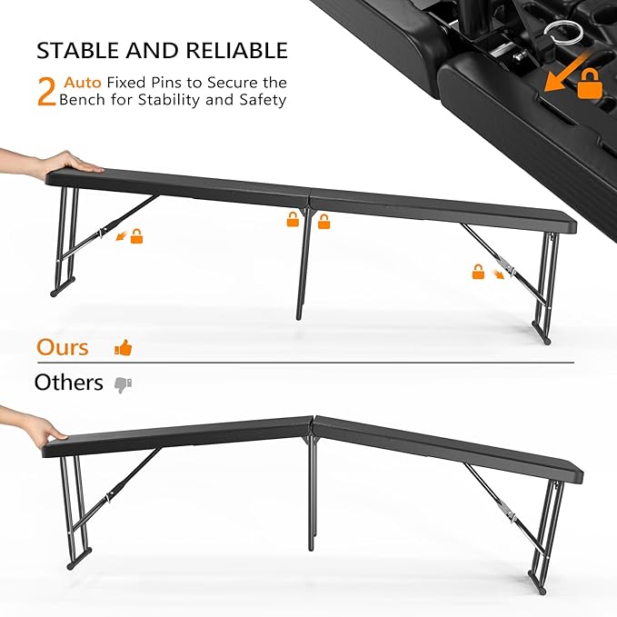 VINGLI 6 feet Plastic Folding Bench,Portable in/Outdoor Picnic Party Camping Dining Seat, Garden Soccer Multipurpose Entertaining Activities, Smooth HDPE Tabletop (2, Black, 6ft)
