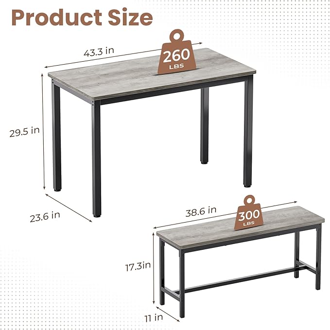 Dining Table Set for 4, Kitchen Table with 2 Benchs, Modern Functional 3-Piece Dining Room Table for Apartment Breakfast Nook and Samll Space, Grey