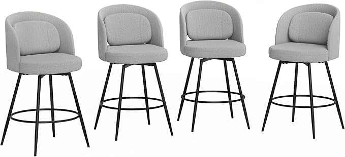 LUE BONA 26''H Swivel Bar Stools Set of 4, Counter Height Bar Stools with Backs, Lumbar Pillow and Black Metal Frames, Upholstered Modern Barstools for Kitchen Island, Linen Farbic, Gray