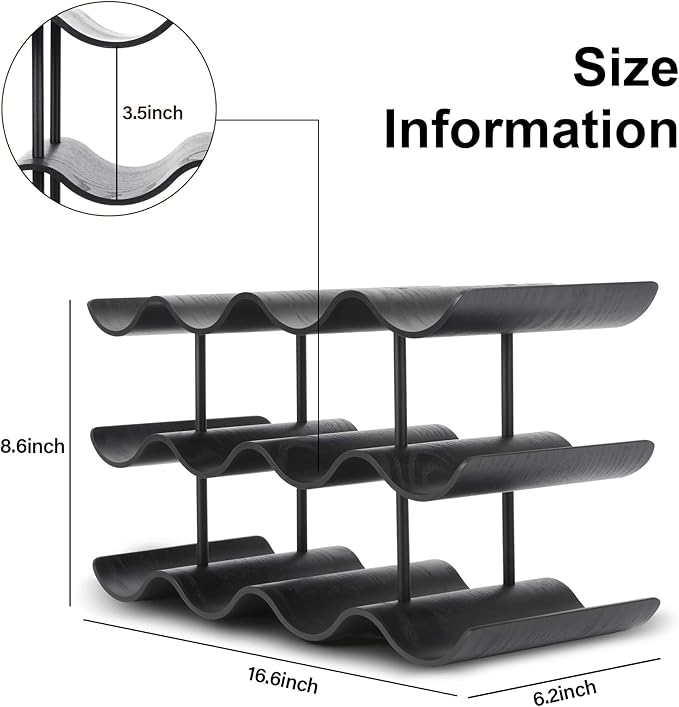 Countertop Wine Rack - 12 Bottle Freestanding Wine Bottle Holder Stand - 3 Tier Wooden Wine Storage Rack - Black Wavy Wine Organizer for Cabinet Pantry Home Kitchen Bar