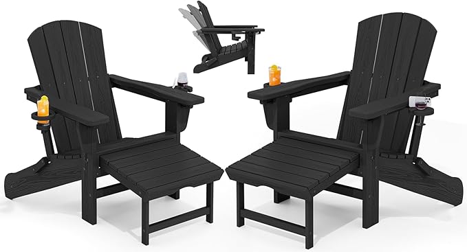 KINGYES Folding Adjustable Adirondack Chair with Ottoman Set of 2, HDPE Outdoor Chair with Retractable Footrest and Cup Holder, Wood-Like Recliner Versatile Adirondack Chair, Black