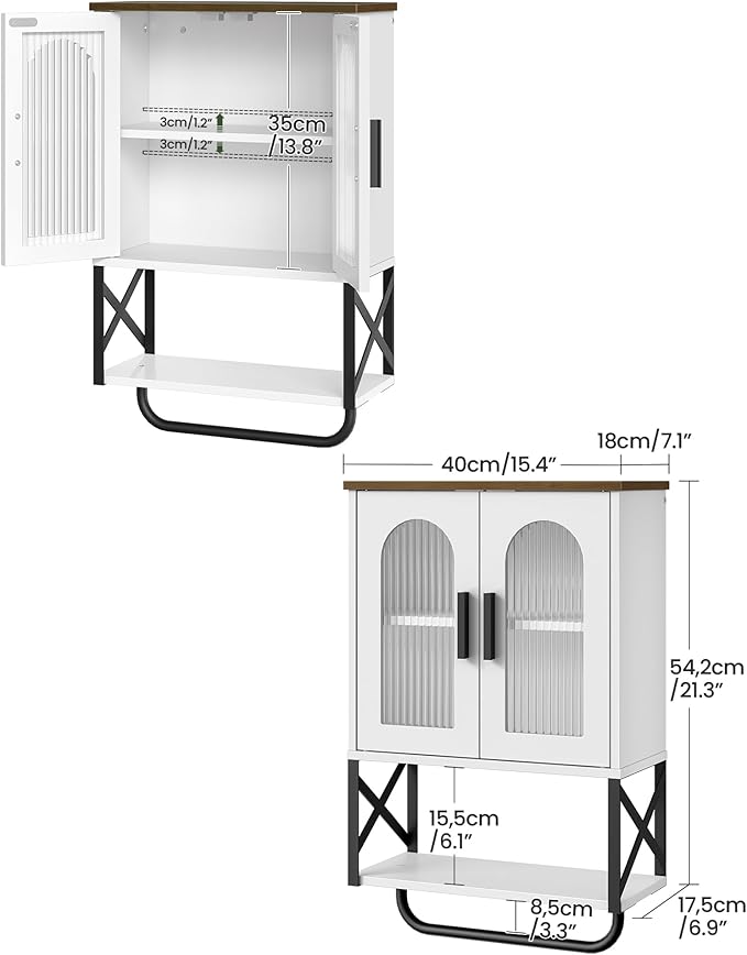 CHOEZON Bathroom Wall Cabinet, Medicine Cabinet with Adjustable Shelf and Towel Bar, Storage Cabinet Wall Mount with 2 Glass Doors, for Bathroom, Kitchen, Living Room, Dining Room, White and Walnut