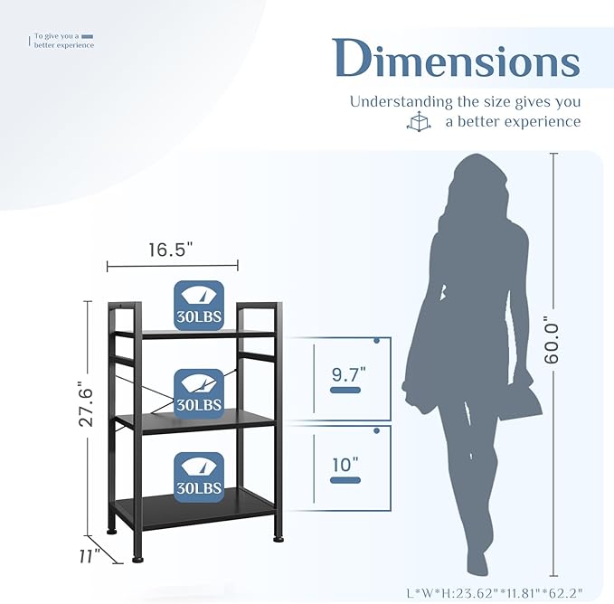 DUMOS 3 Tiers Open Bookshelf, Classic Freestanding Tall Display Shelf, Multifunctional Storage Organizer Rack for Living Room Home Office, Sturdy Bookcase for CDs/Books/Movies, Black