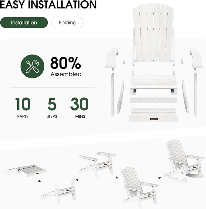 Adjustable Adirondack Rocking Chair with Retractable Ottoman Footrest, 4-in-1 Foldable HDPE Outdoor Rocker, Weather Resistant Adirondack Chair for Porch, Garden & Poolside, White