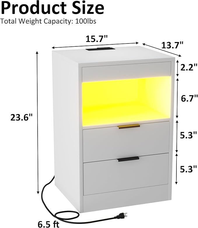 Gadroad LED Nightstand with Charging Station, Bedside Table with USB Ports & Power Outlets, Modern Night Stand with Drawers for Bedroom Small Spaces, White