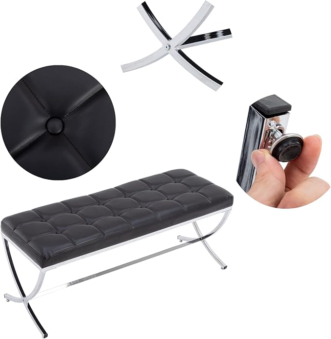 LukeAlon Modern PU Leather Dining Bench, Button Tufted Ottoman Bench with X-Shape Chrome Finish Upholstered End of Bed Bench Comfy Entryway Bench for Bedroom Kitchen, Black