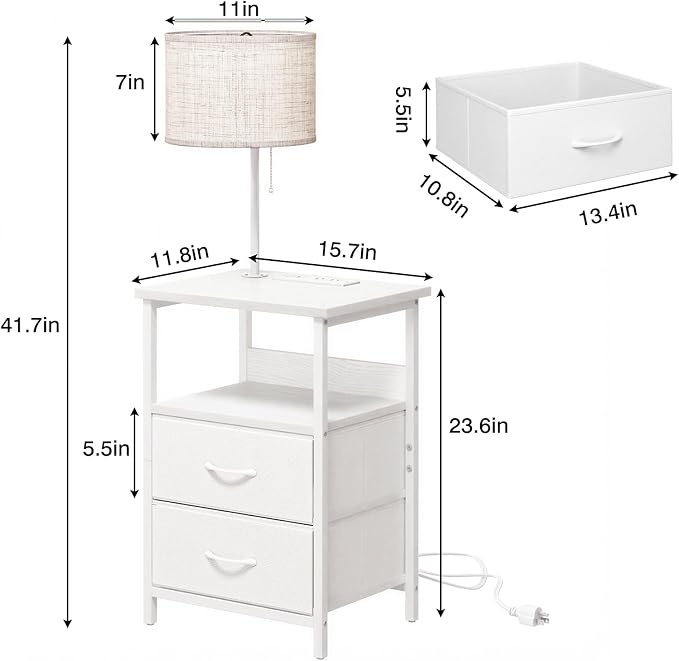 Fixwal Night Stand with 3 Color Temperature Bulb Attached, Nightstand with Light & Charging Station End Table with Fabric Drawer for Bedroom, Dorm, White